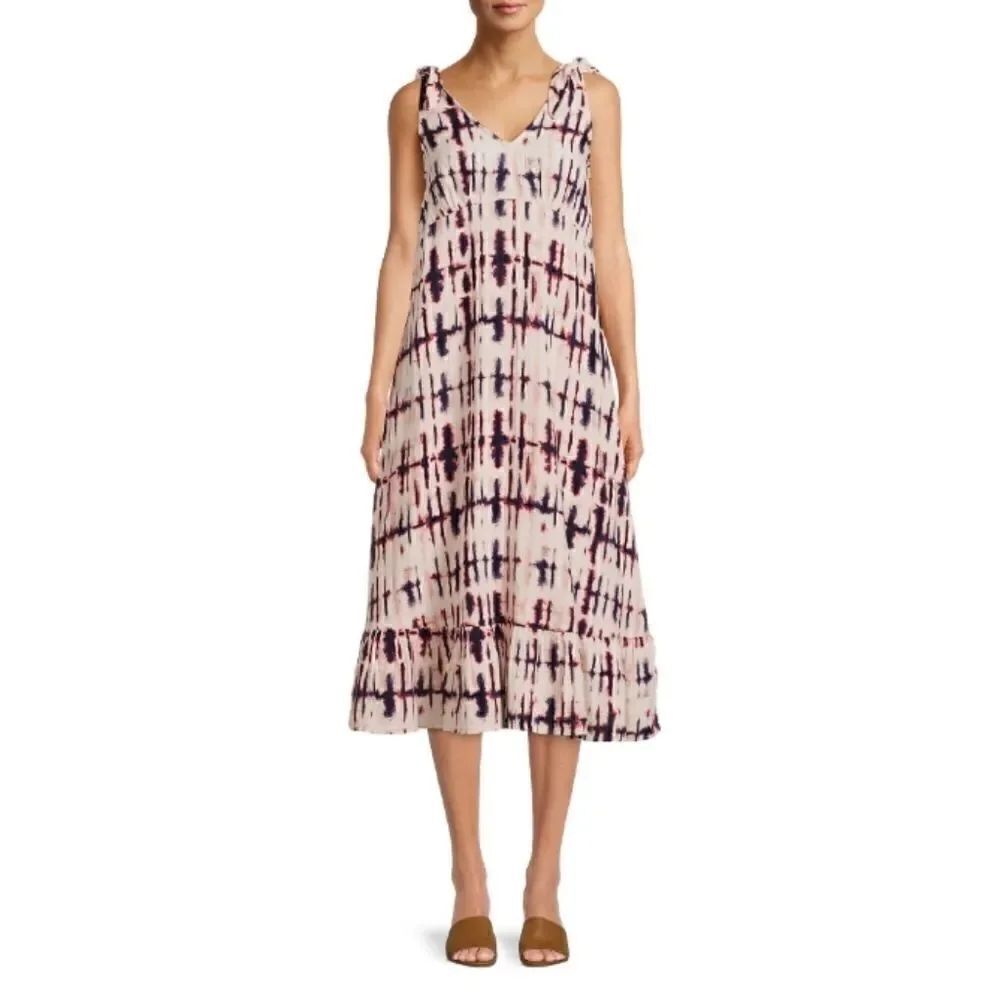 Women's Tie Dye Double Cloth Tie Shoulder Midi Dress